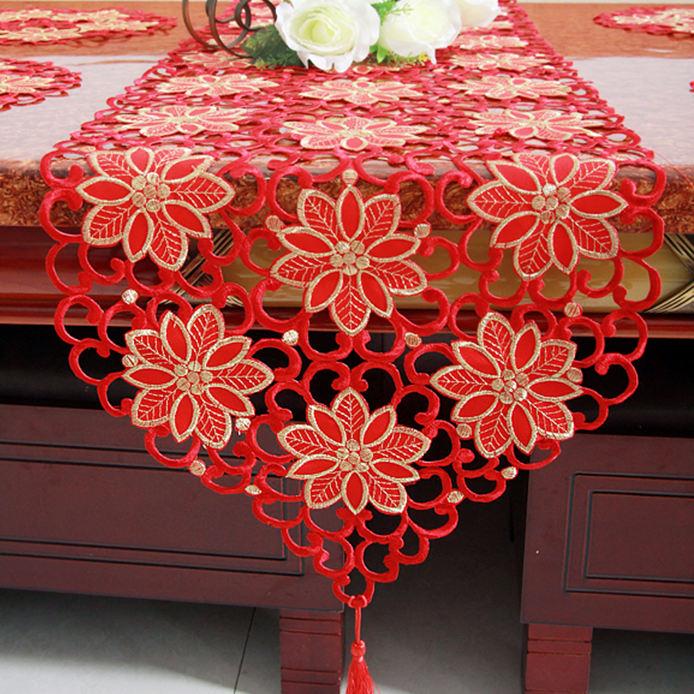 Red Embroidered Cutwork Floral Lace Table Runner Dresser Scarf
