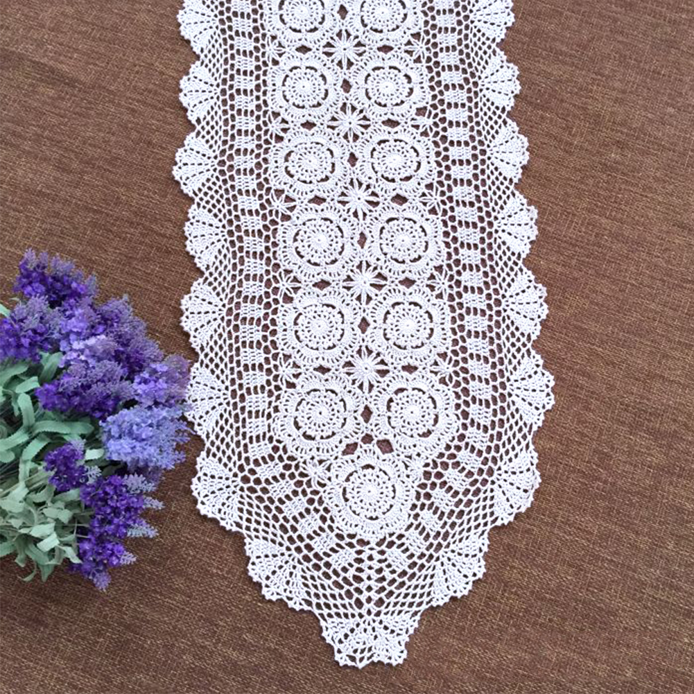 White Vintage Hand Crochet Table Runner Dresser Scarf Oval Lace Doily 12x47inch 