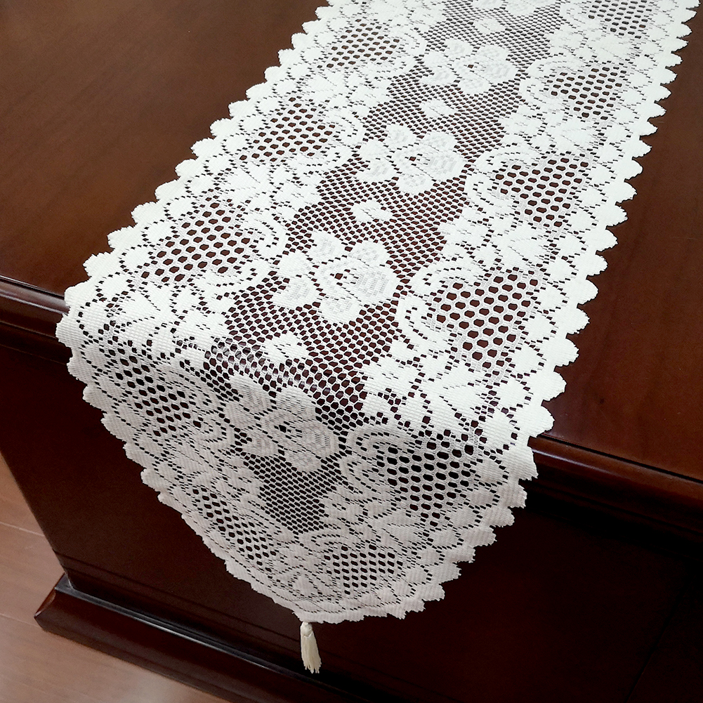 White Vintage Lace Table Runner Dresser Scarf Oval Doilies Wedding